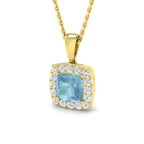 Cushion Aquamarine and Round Diamond Halo Pendant