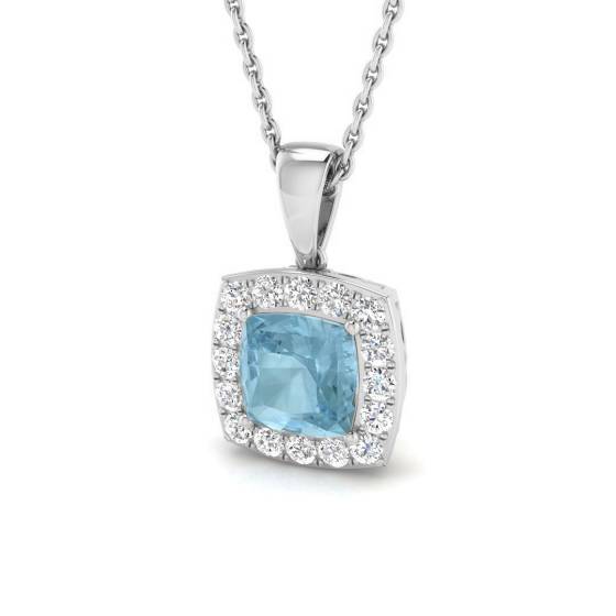 Cushion Aquamarine and Round Diamond Halo Pendant