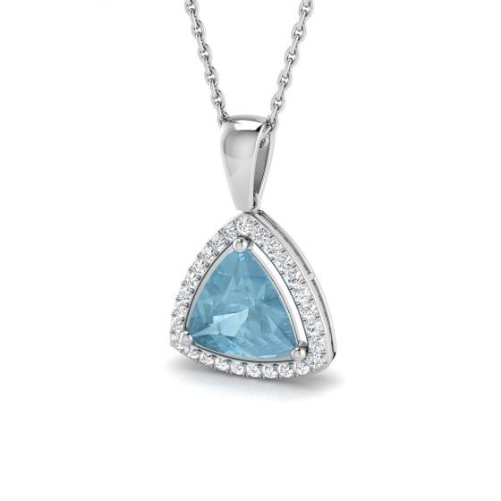 Trillion Aquamarine and Round Diamond Halo Pendant