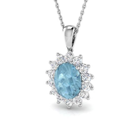 Oval Aquamarine and Round Diamond Halo Pendant
