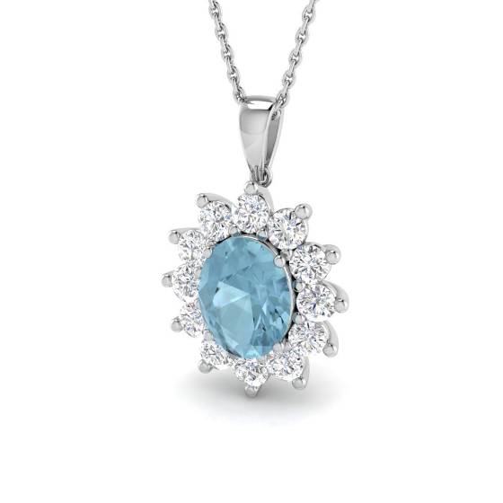 Oval Aquamarine and Round Diamond Halo Pendant