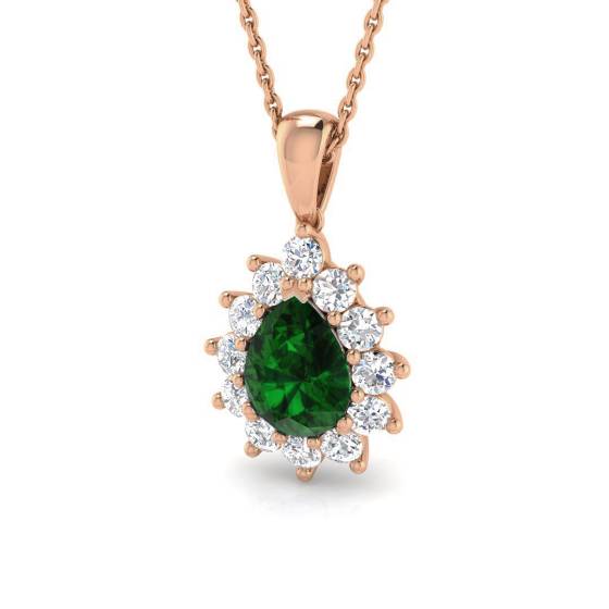 1.50ct VS/E-F Pear Emerald Gemstone and Round Diamond Halo Pendant