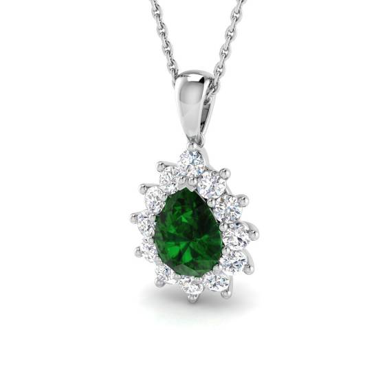 1.50ct VS/E-F Pear Emerald Gemstone and Round Diamond Halo Pendant
