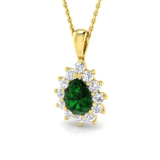 1.50ct VS/E-F Pear Emerald Gemstone and Round Diamond Halo Pendant