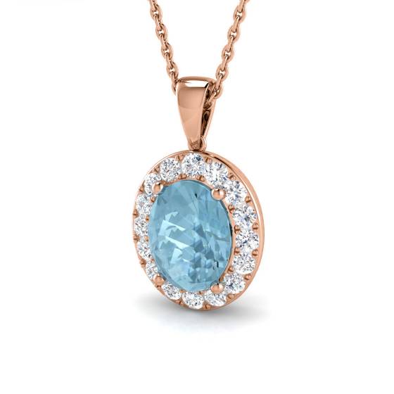 Oval Aquamarine and Round Diamond Halo Pendant