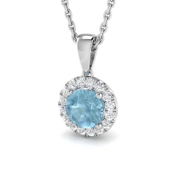 Round Aquamarine and Round Diamond Halo Pendant