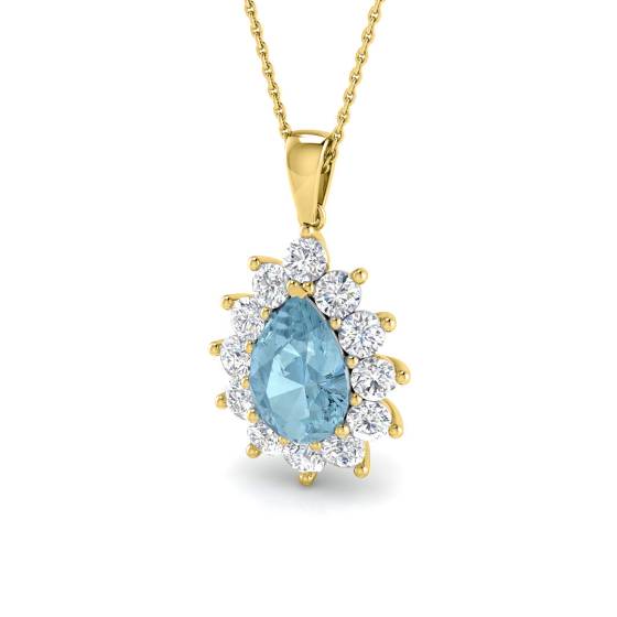 Pear Aquamarine and Round Diamond Halo Pendant