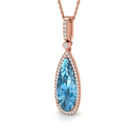 Blue Topaz Pear and Round Diamond Halo Drop Pendant