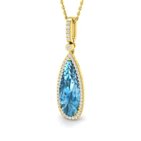 Blue Topaz Pear and Round Diamond Halo Drop Pendant