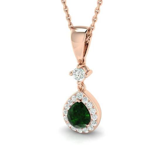 0.45ct VS/E-F Pear Emerald Gemstone and Round Diamond Halo Pendant