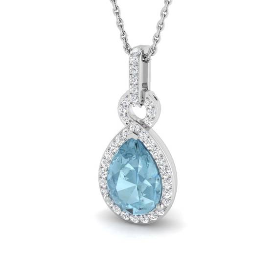 Pear Aquamarine and Round Diamond Halo Pendant