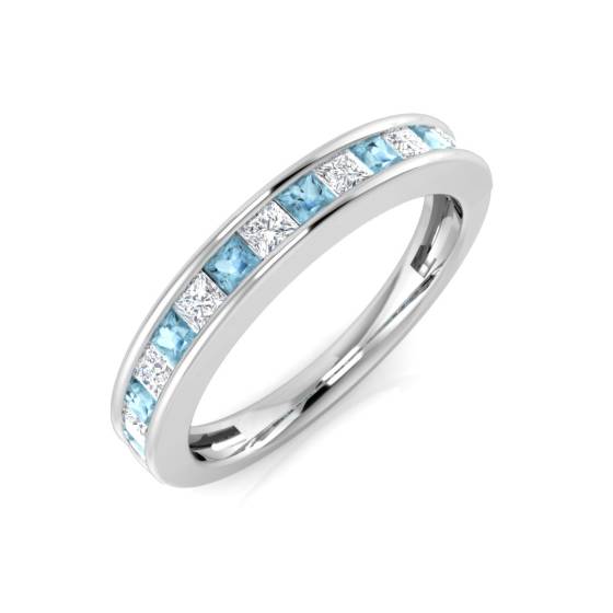 Princess Aquamarine and Diamond Half Set Eternity Ring