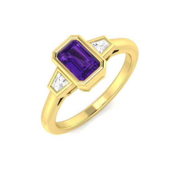 Emerald Amethyst and Baguette Diamond Bezel Set Side Stone Ring