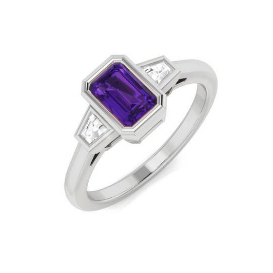 Emerald Amethyst and Baguette Diamond Bezel Set Side Stone Ring
