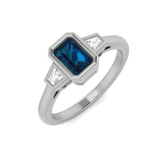 Blue Topaz Emerald and Baguette Diamond Bezel Set Trilogy Ring