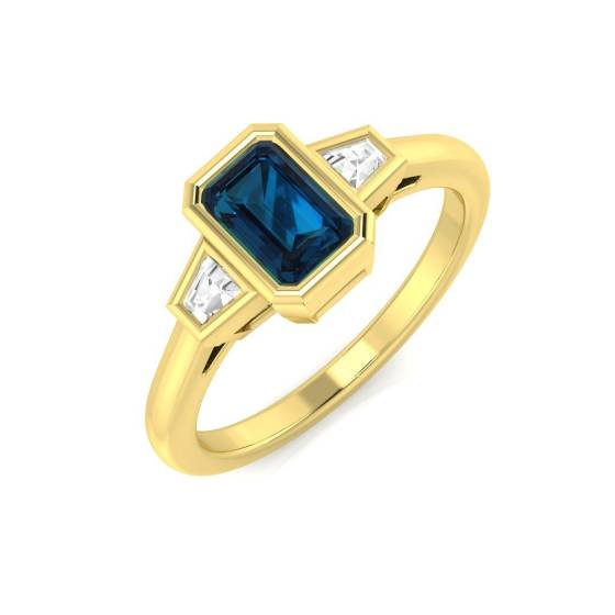 Blue Topaz Emerald and Baguette Diamond Bezel Set Trilogy Ring