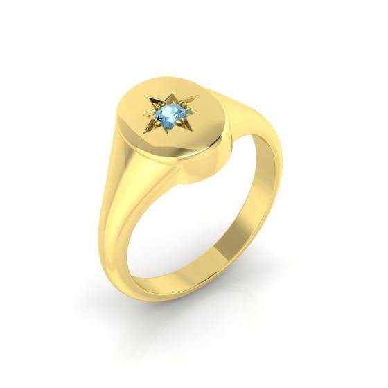 Round Aquamarine Bezel Set Signet Ring