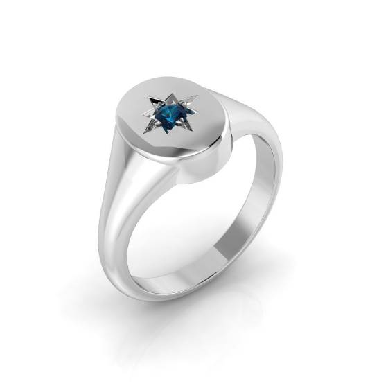 Blue Topaz Round Gemstone Bezel Set Signet Ring