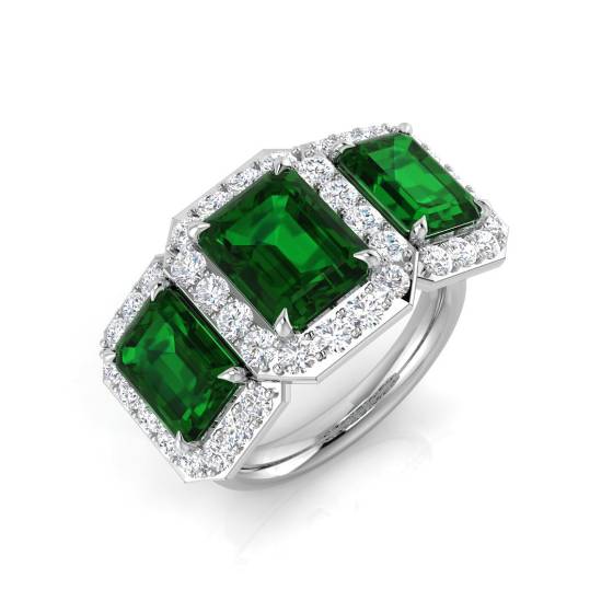 6.90ct VS/E-F Emerald and Diamond Trilogy Halo Gemstone Ring