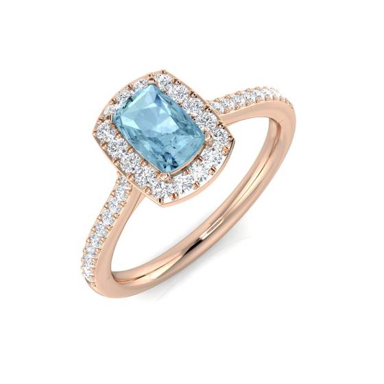 Cushion Aquamarine and Round Diamond Halo Shoulder Set Ring