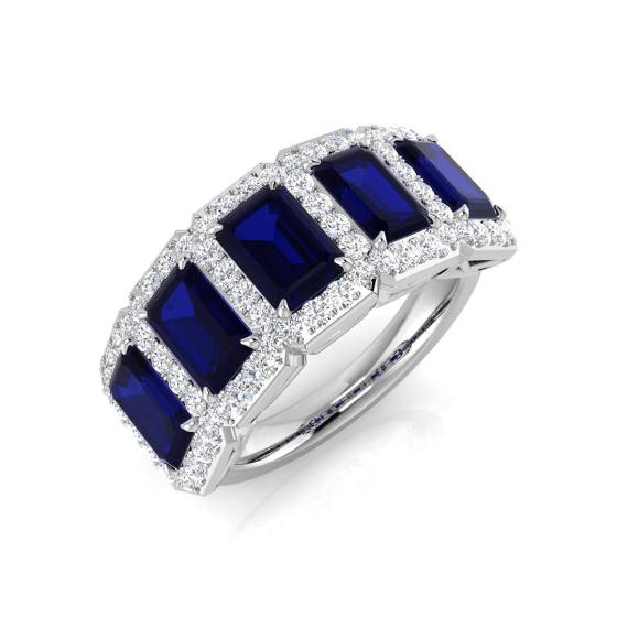 Blue Sapphire Emerald and Round Diamond Halo 5 Stone Ring