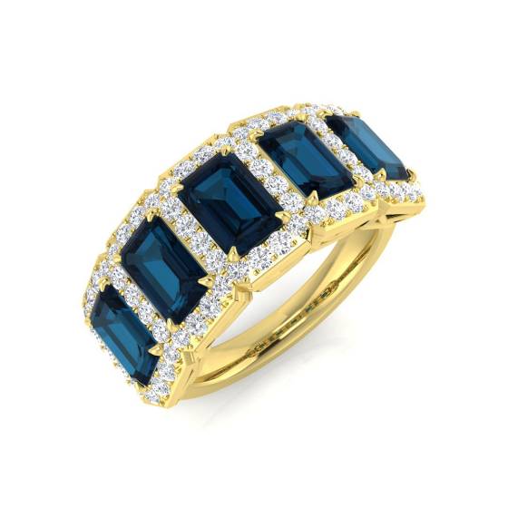 Blue Topaz Emerald and Round Diamond Halo 5 Stone Ring