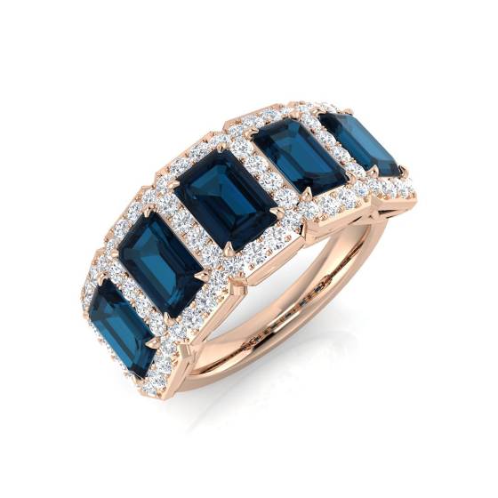 Blue Topaz Emerald and Round Diamond Halo 5 Stone Ring