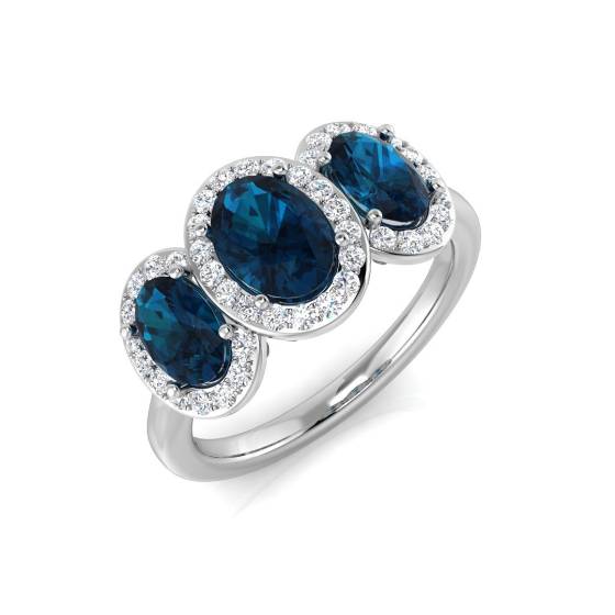 Blue Topaz Oval Gemstone and Round Diamond Trilogy Ring