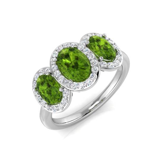 Oval Peridot and Round Diamond Halo Trilogy Ring