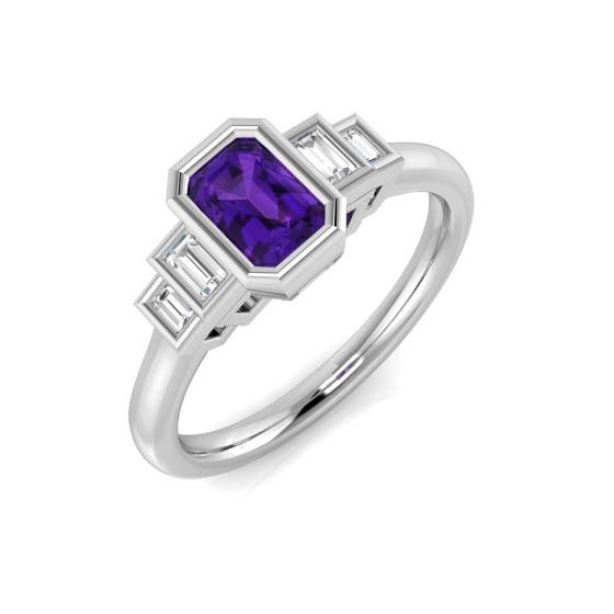 Emerald Amethyst and Baguette Diamond Bezel Set Side Stone Ring
