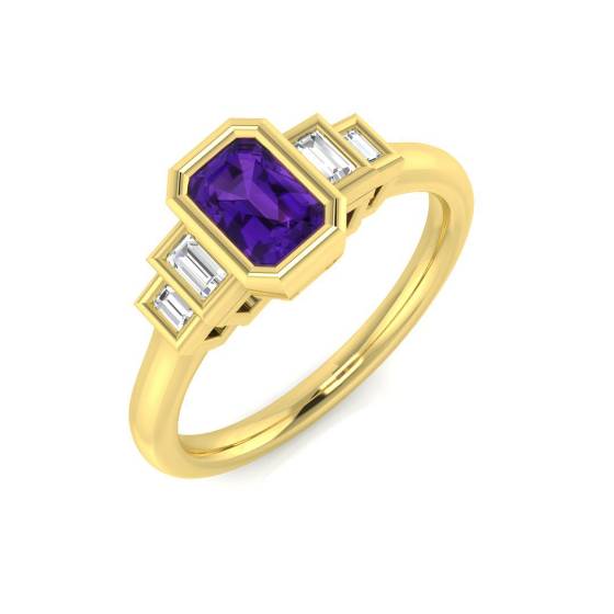 Emerald Amethyst and Baguette Diamond Bezel Set Side Stone Ring