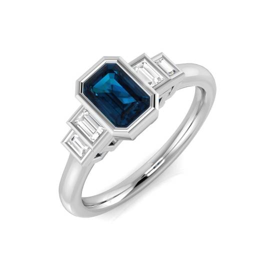 Blue Topaz Emerald and Baguette Diamond Bezel Set Side Stone Ring