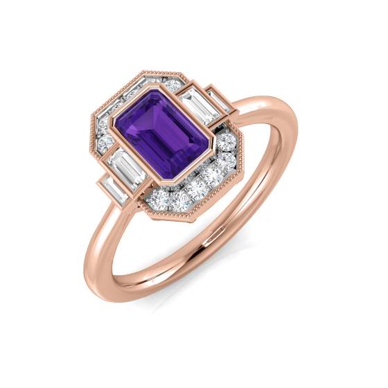 Emerald Cut Amethyst and Round Diamond Bezel Set Halo Ring