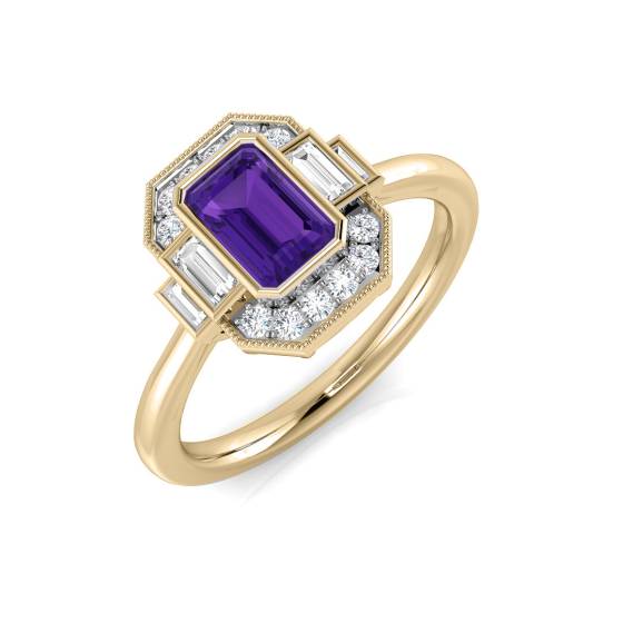 Emerald Cut Amethyst and Round Diamond Bezel Set Halo Ring