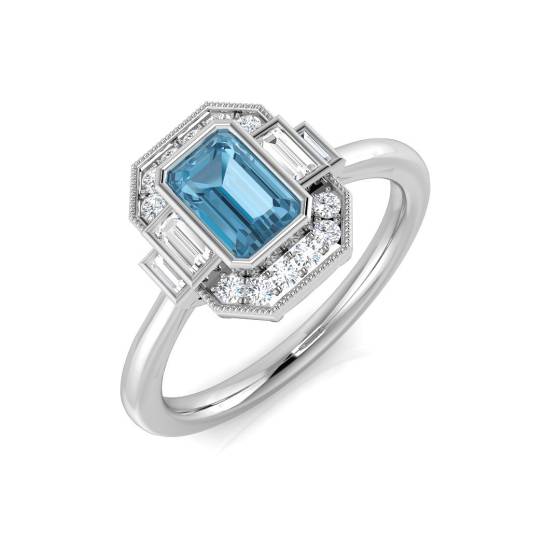 Blue Topaz Emerald and Diamond Bezel Set Halo Ring