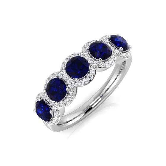Round Blue Sapphire and Diamond Halo 5 Stone Ring