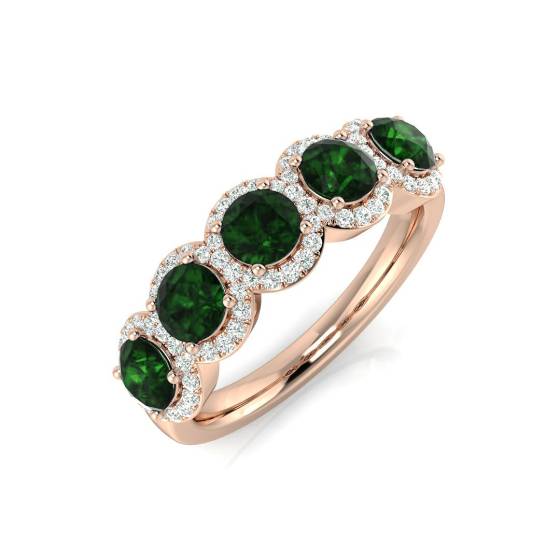 1.35ct VS/E-F Emerald and Diamond 5 Stone Halo Gemstone Ring