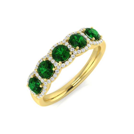 1.10ct VS/E-F Emerald and Diamond 5 Stone Halo Gemstone Ring