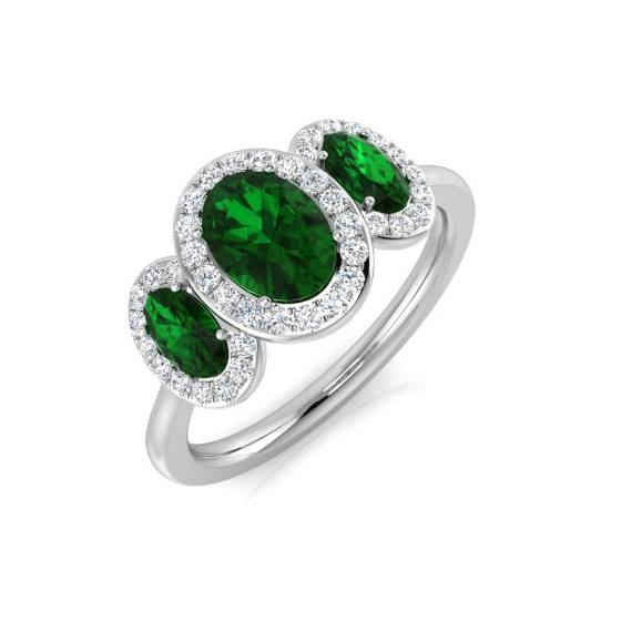 Oval Green Gemstone and Round Diamond Trilogy Ring