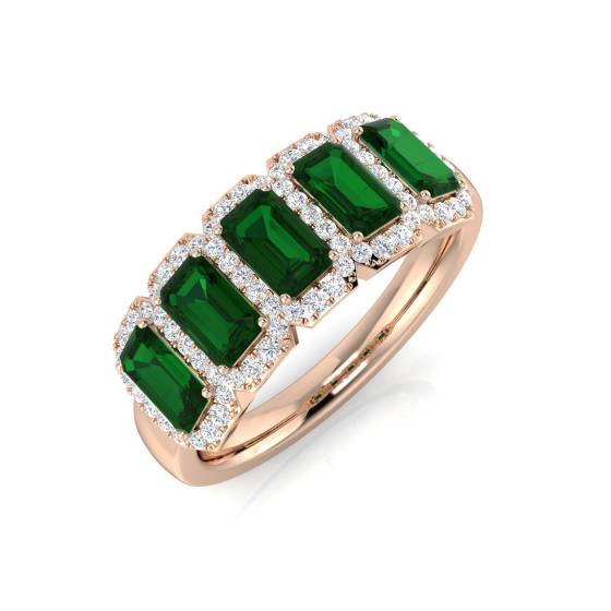 1.65ct VS/E-F Emerald and Diamond 5 Stone Halo Gemstone Ring