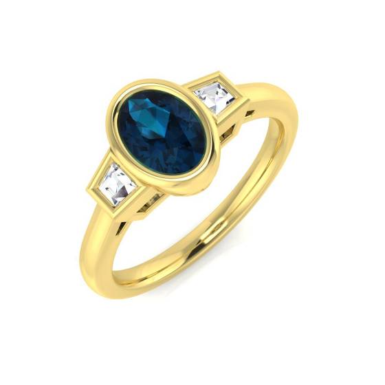 Blue Topaz Oval and Baguette Diamond Bezel Set Side Stone Ring