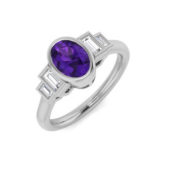 Oval Amethyst and Baguette Diamond Bezel Set Side Stone Ring