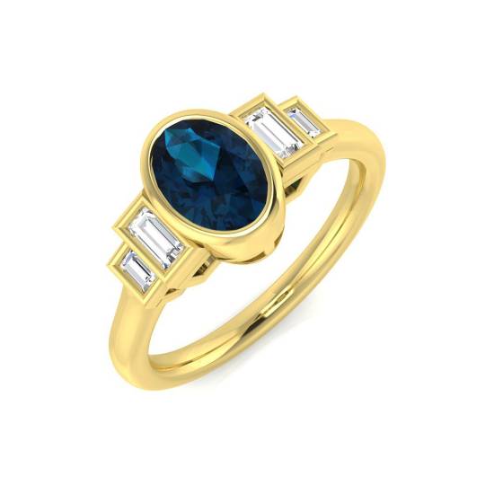 Blue Topaz Oval and Baguette Diamond Bezel Set Side Stone Ring