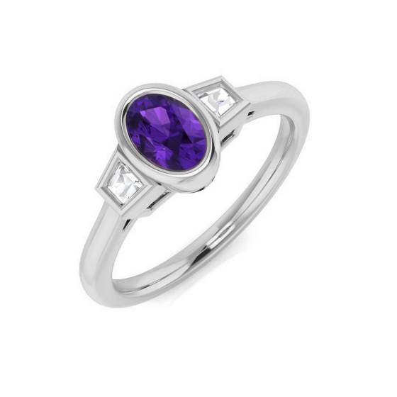 Oval Amethyst and Baguette Diamond Bezel Set Side Stone Ring