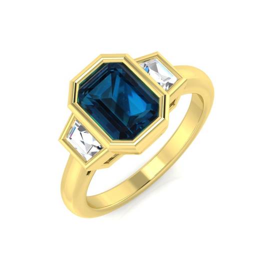 Blue Topaz Emerald and Baguette Diamond Bezel Set Trilogy Ring