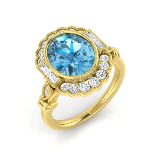 Blue Topaz Oval and Diamond Bezel Set Halo Ring