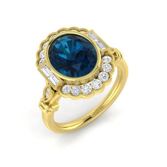 Blue Topaz Oval and Round Diamond Bezel Set Side Stone Ring