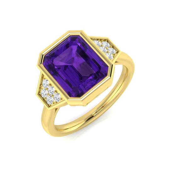 Emerald Amethyst and Round Diamond Bezel Set Side Stone Ring