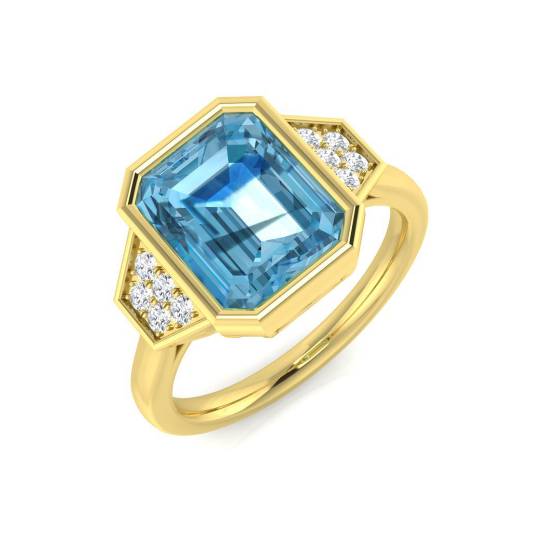 Blue Topaz Emerald and Round Diamond Bezel Set Side Stone Ring