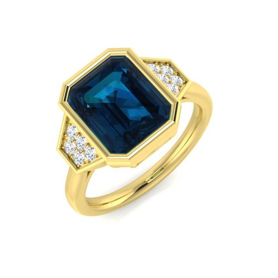Blue Topaz Emerald and Round Diamond Bezel Set Side Stone Ring